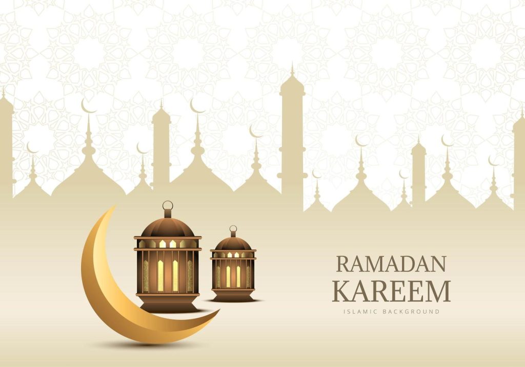 golden ramadan design with crescent moon and lanterns vector