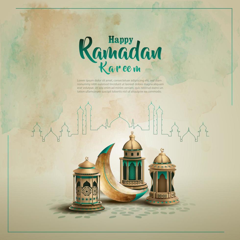 islamic greeting ramadan kareem card design with crescent and lanterns vector