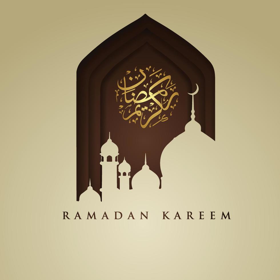 luxurious and elegant design ramadan kareem with arabic calligraphy traditional lantern and gradation colorful gate mosque for islamic greeting free vector