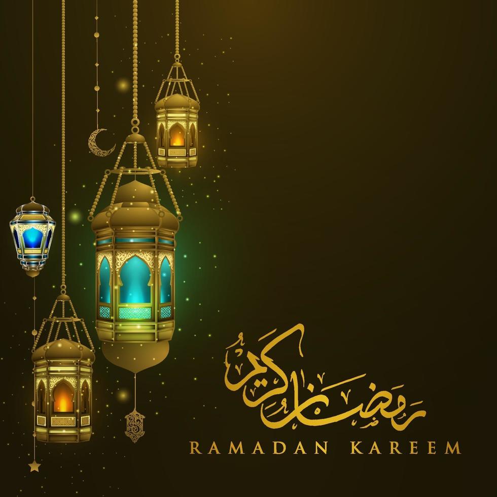 ramadan kareem greeting background islamic illustration design with shiny lanterns and arabic calligraphy free vector