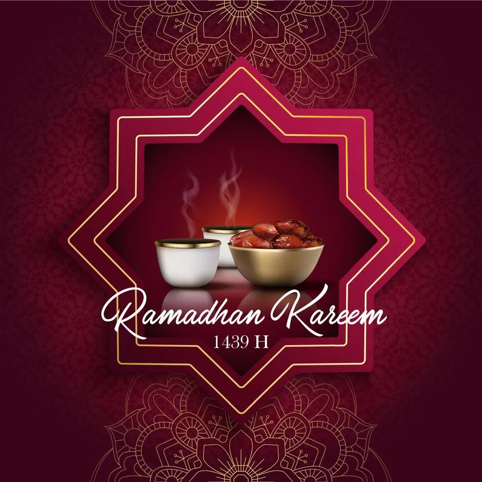 ramadan kareem greeting card iftar party celebration with traditional coffee cup and bowl of dates vector