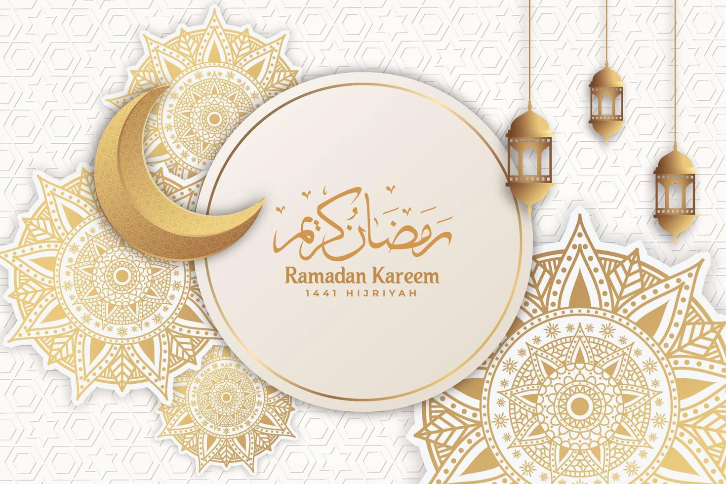 ramadan kareem mandala greeting background islamic with moon and lantern vector